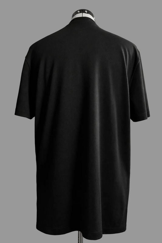 Back view of black 215 gsm organic cotton T-shirt on mannequin with centered upper-back embroidery, ARC Exhibit 01 Vector